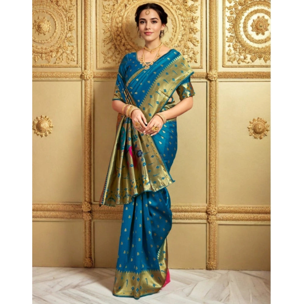 Pretty Women's Silk Blend Zari Weaving Saree With Blouse Piece