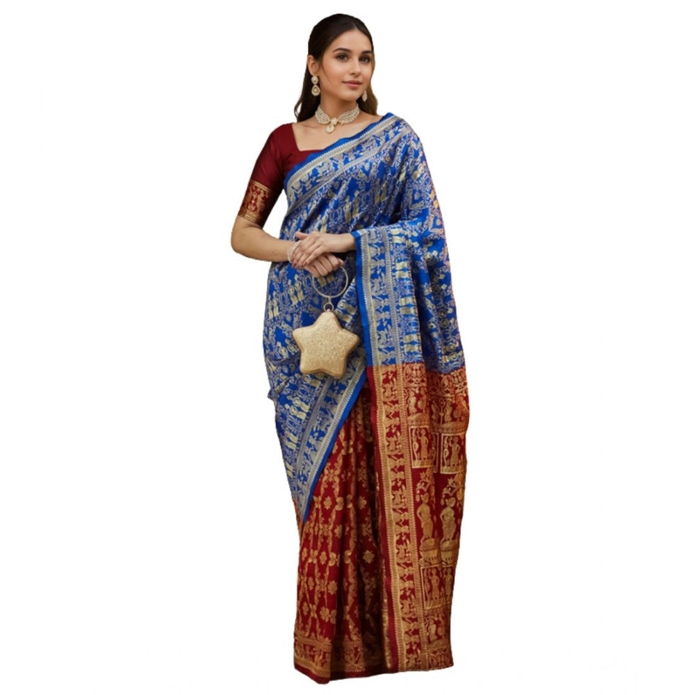 Beautiful Women's Silk Blend Zari Weaving Saree With Blouse Piece