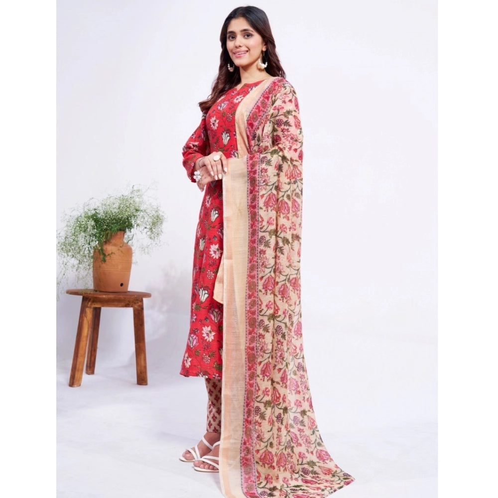 Voguish Women's Cotton Blend Printed Kurti With Pant Dupatta Set