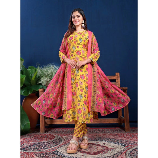 Voguish Women's Cotton Blend Printed Kurti With Pant Dupatta Set