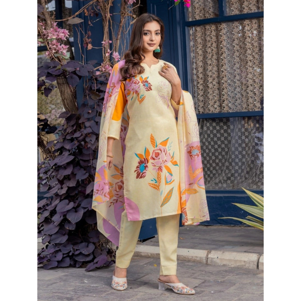 Voguish Women's Cotton Blend Printed Kurti With Pant Dupatta Set