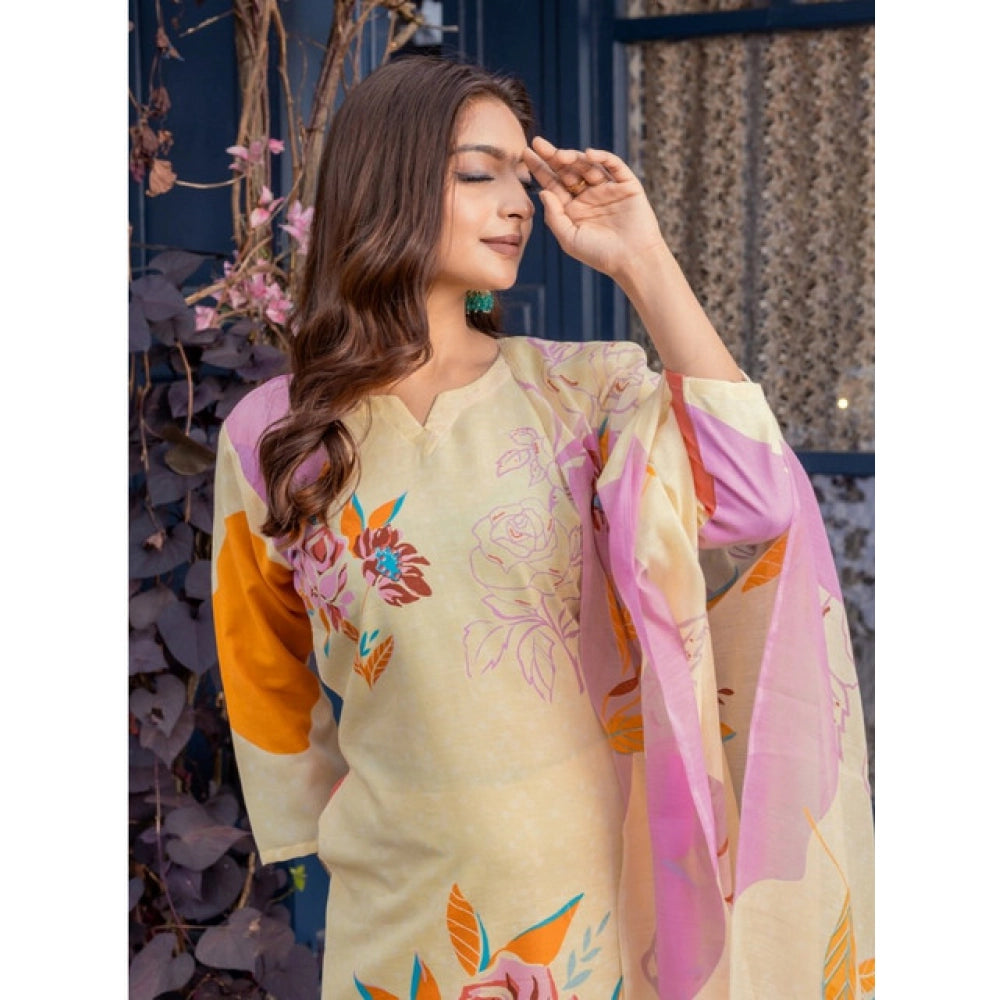 Voguish Women's Cotton Blend Printed Kurti With Pant Dupatta Set