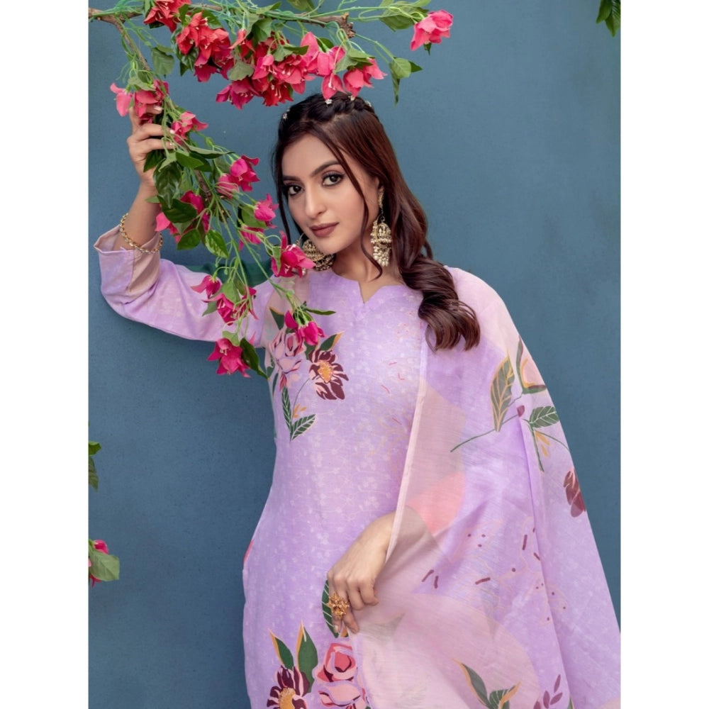 Voguish Women's Cotton Blend Printed Kurti With Pant Dupatta Set