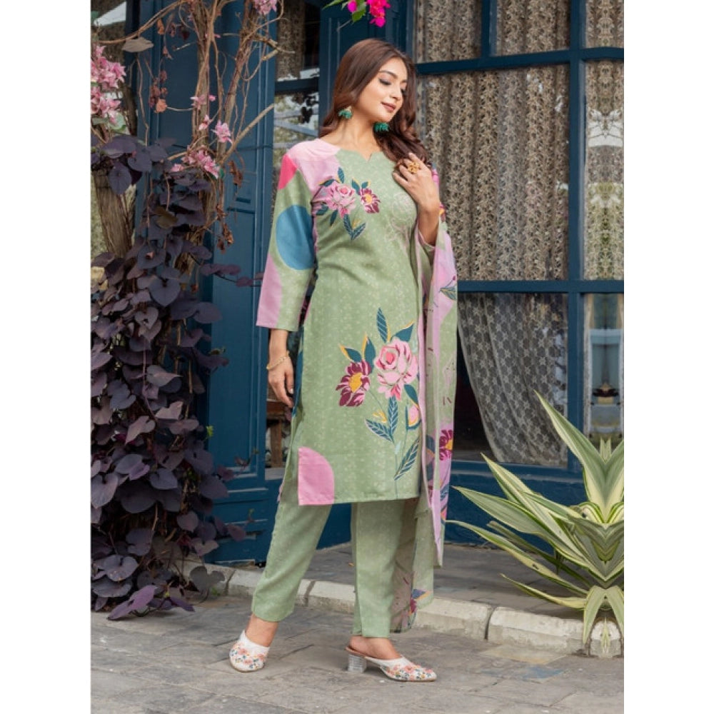 Voguish Women's Cotton Blend Printed Kurti With Pant Dupatta Set