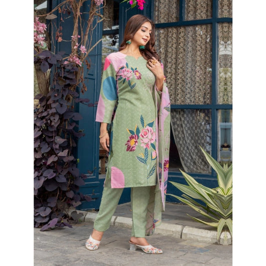 Voguish Women's Cotton Blend Printed Kurti With Pant Dupatta Set