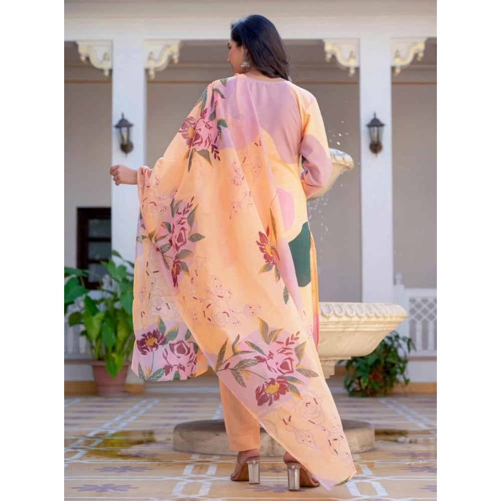 Voguish Women's Cotton Blend Printed Kurti With Pant Dupatta Set