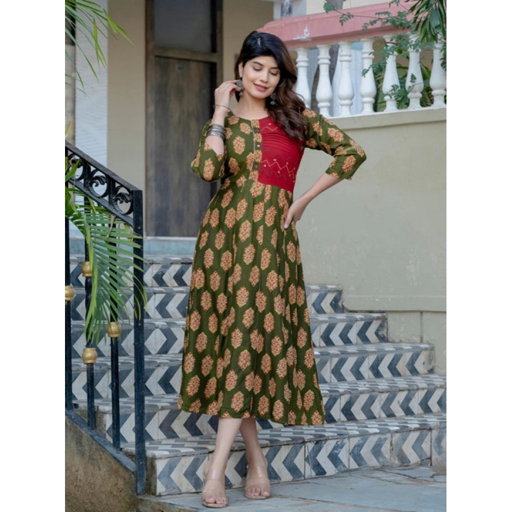 Gorgeous Women's Rayon Print With Embroidery Work A Line Kurti