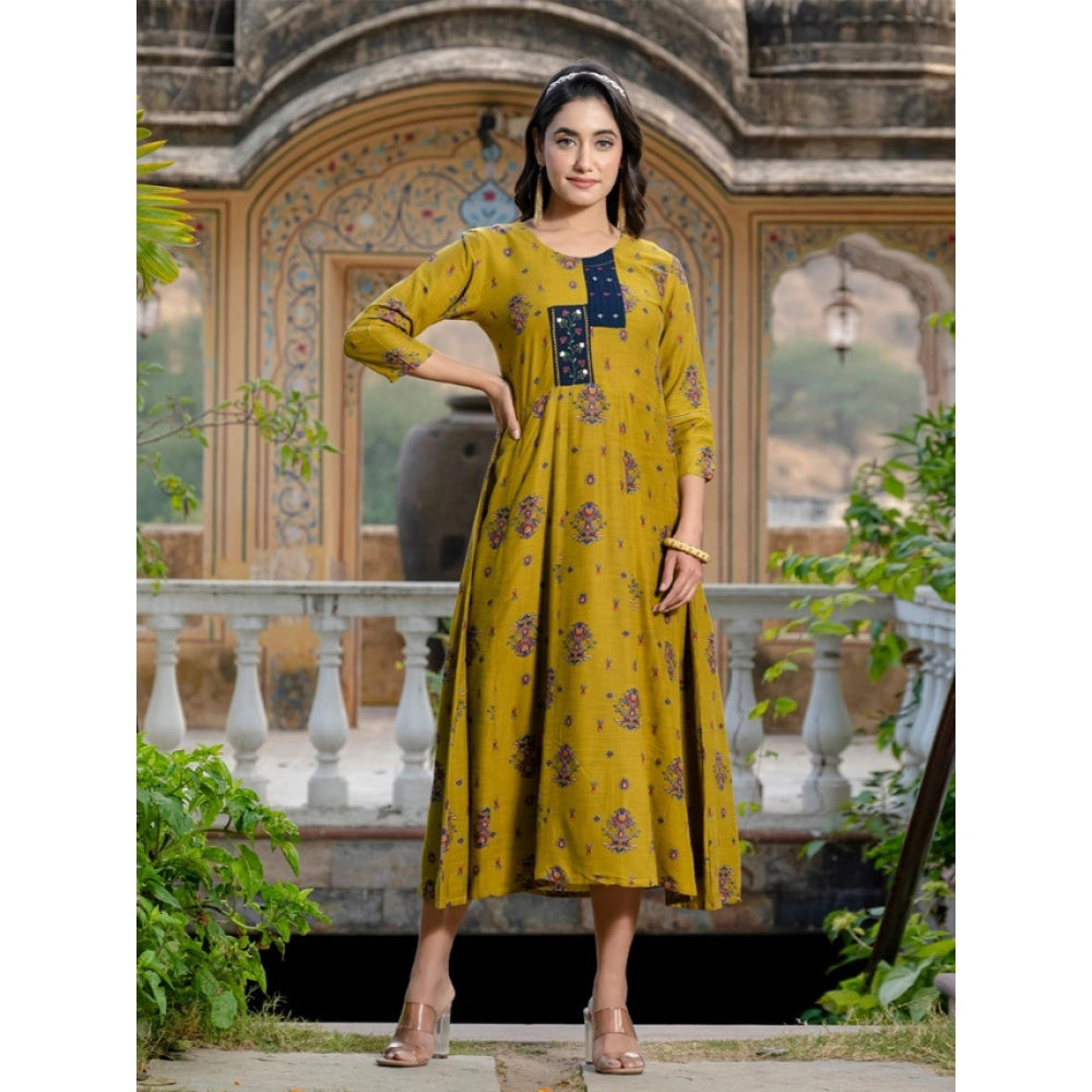 Gorgeous Women's Rayon Print With Embroidery Work A Line Kurti
