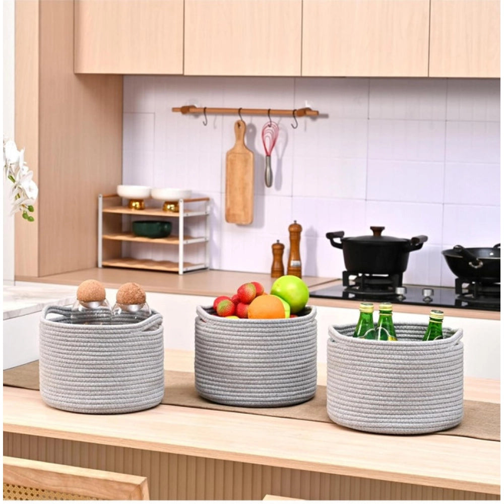 Facinating Cotton 9x7 Inch Pack of 3 Storage Basket For Clothes