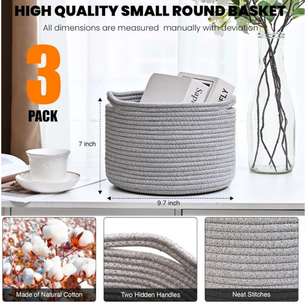 Facinating Cotton 9x7 Inch Pack of 3 Storage Basket For Clothes