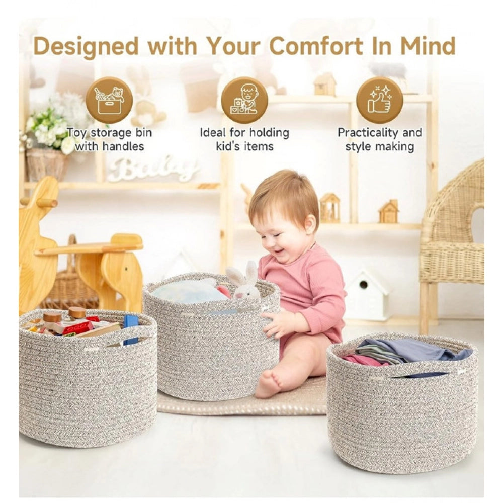 Facinating Cotton Kidi 9x7 Inch Pack of 3 Storage Basket For Clothes