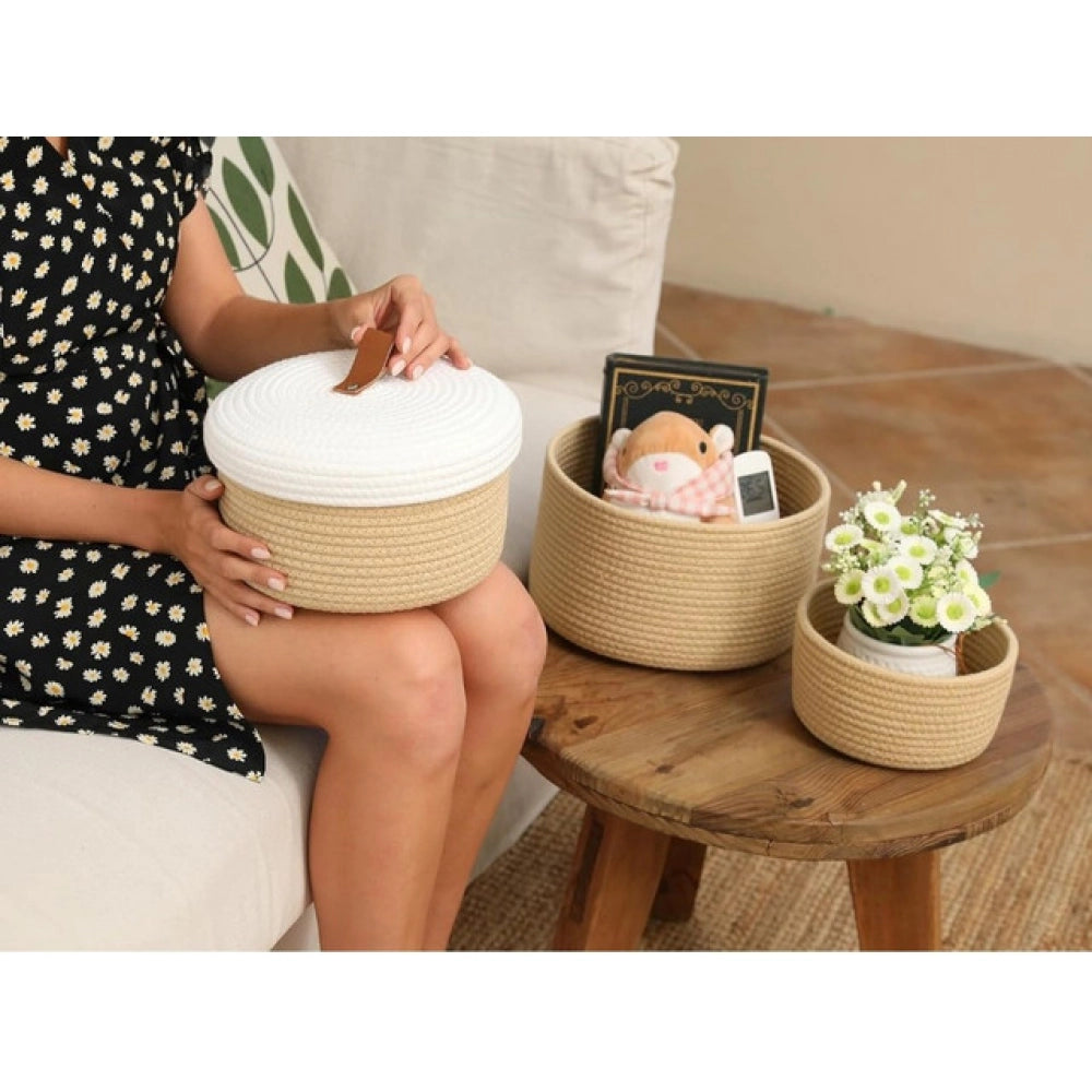 Exclusive Cotton 3 Pcs Set Roti Box Storage Basket With Lid