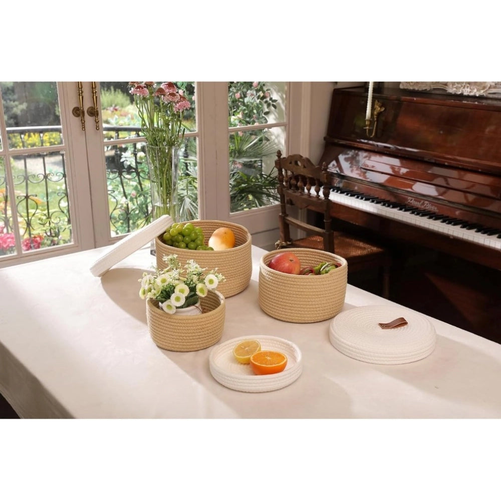 Exclusive Cotton 3 Pcs Set Roti Box Storage Basket With Lid