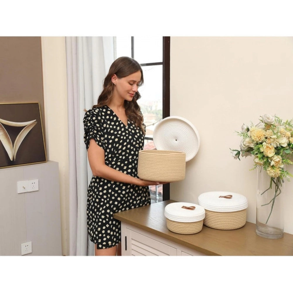 Exclusive Cotton 3 Pcs Set Roti Box Storage Basket With Lid