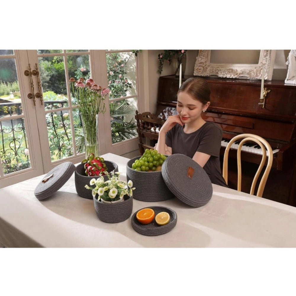 Exclusive Cotton 3 Pcs Set Roti Box Storage Basket With Lid