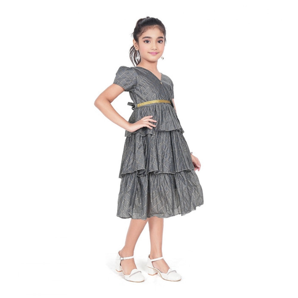 Fashionista Girl's Artificial Silk Striped Short Sleeve V Neck Dress