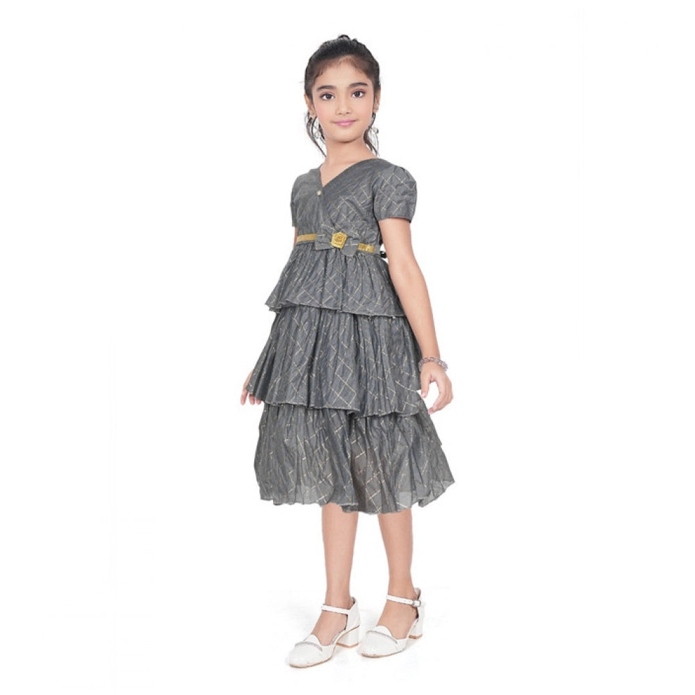 Fashionista Girl's Artificial Silk Striped Short Sleeve V Neck Dress