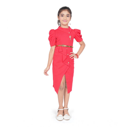 Comfy Girl's Cotton Lycra Soild Short Sleeve Close Neck Dress