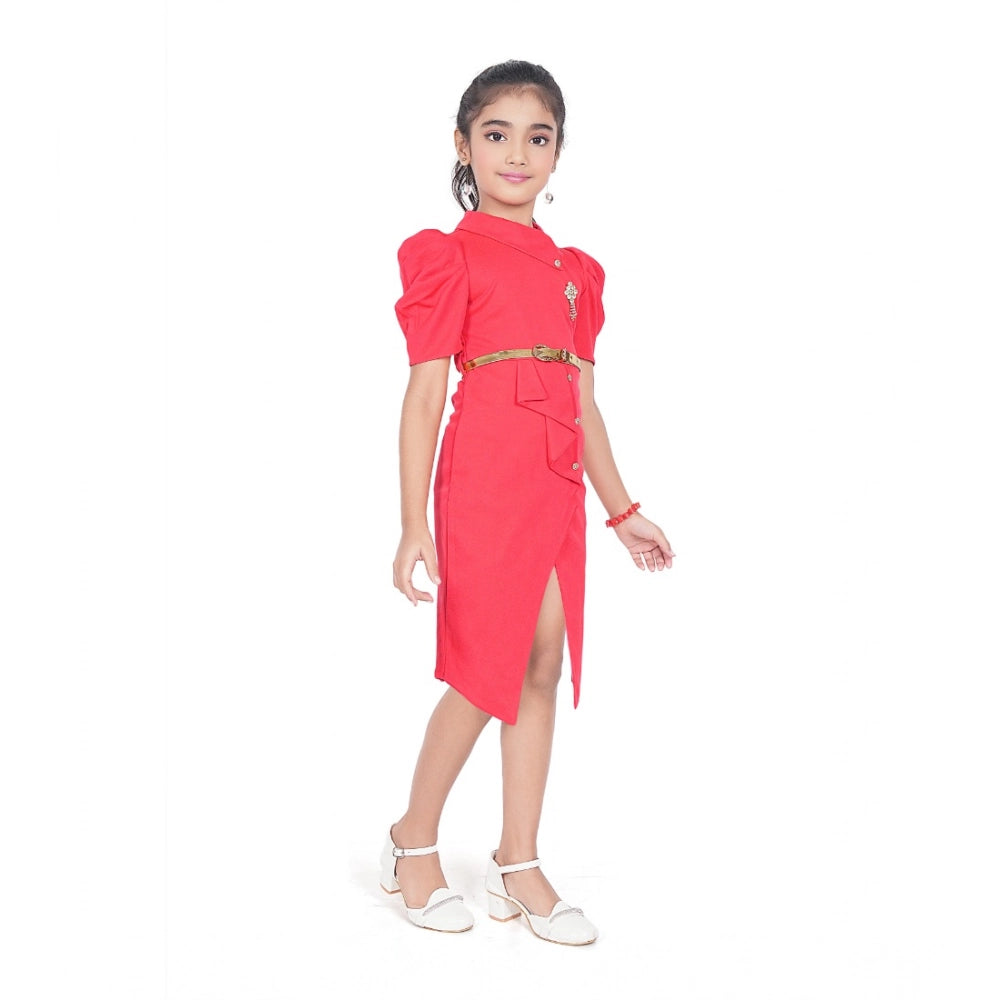 Comfy Girl's Cotton Lycra Soild Short Sleeve Close Neck Dress
