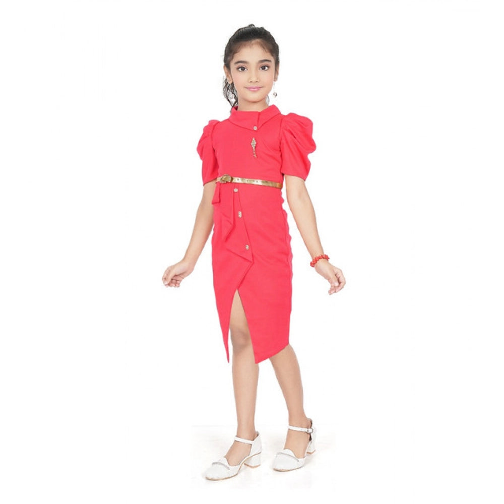 Comfy Girl's Cotton Lycra Soild Short Sleeve Close Neck Dress