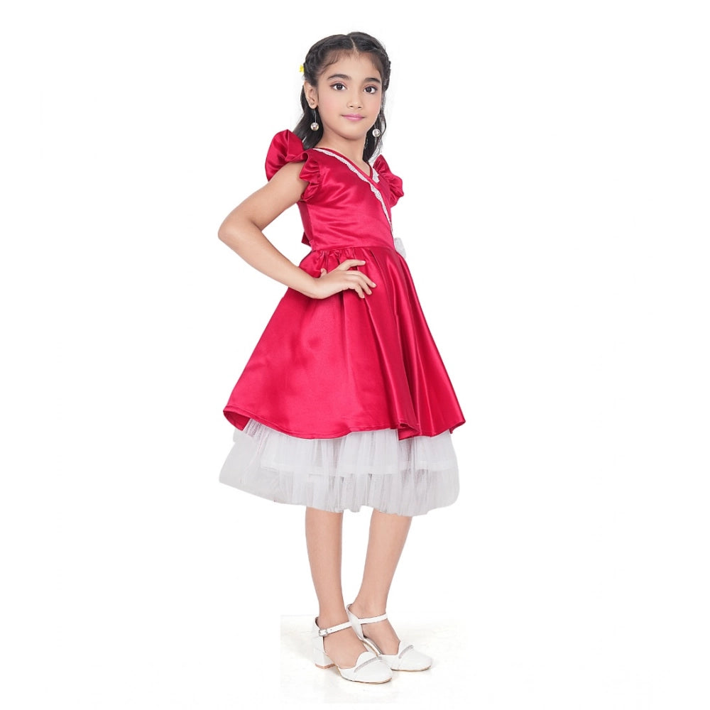 Comfy Girl's Satin Soild Short Sleeve V Neck Dress
