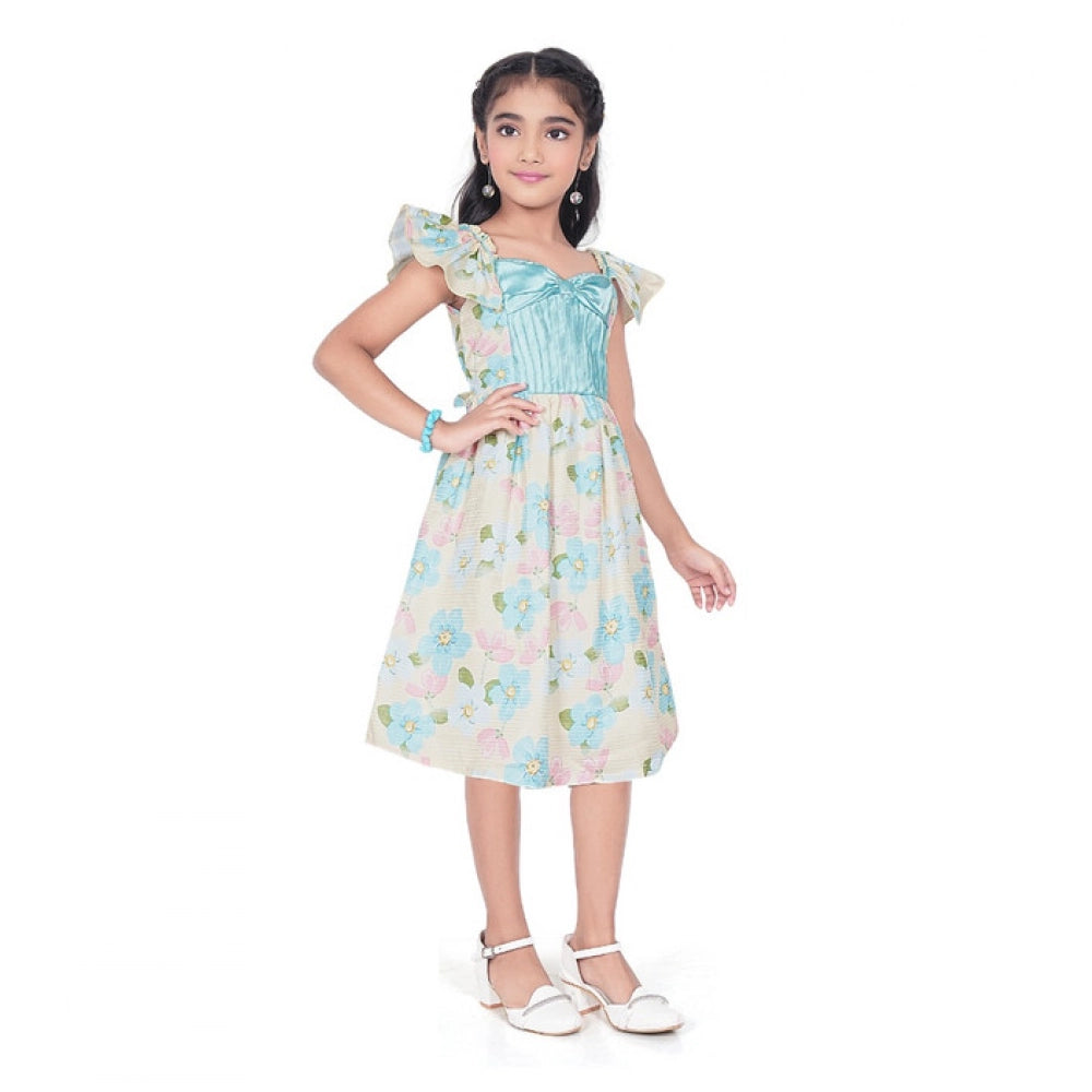 Comfy Girl's Popcorn Printed Short Sleeve Squre Neck Dress