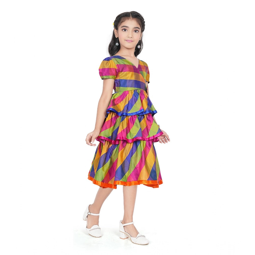 Unique Girl's Taffeta Silk Striped Short Sleeve V Neck Dress