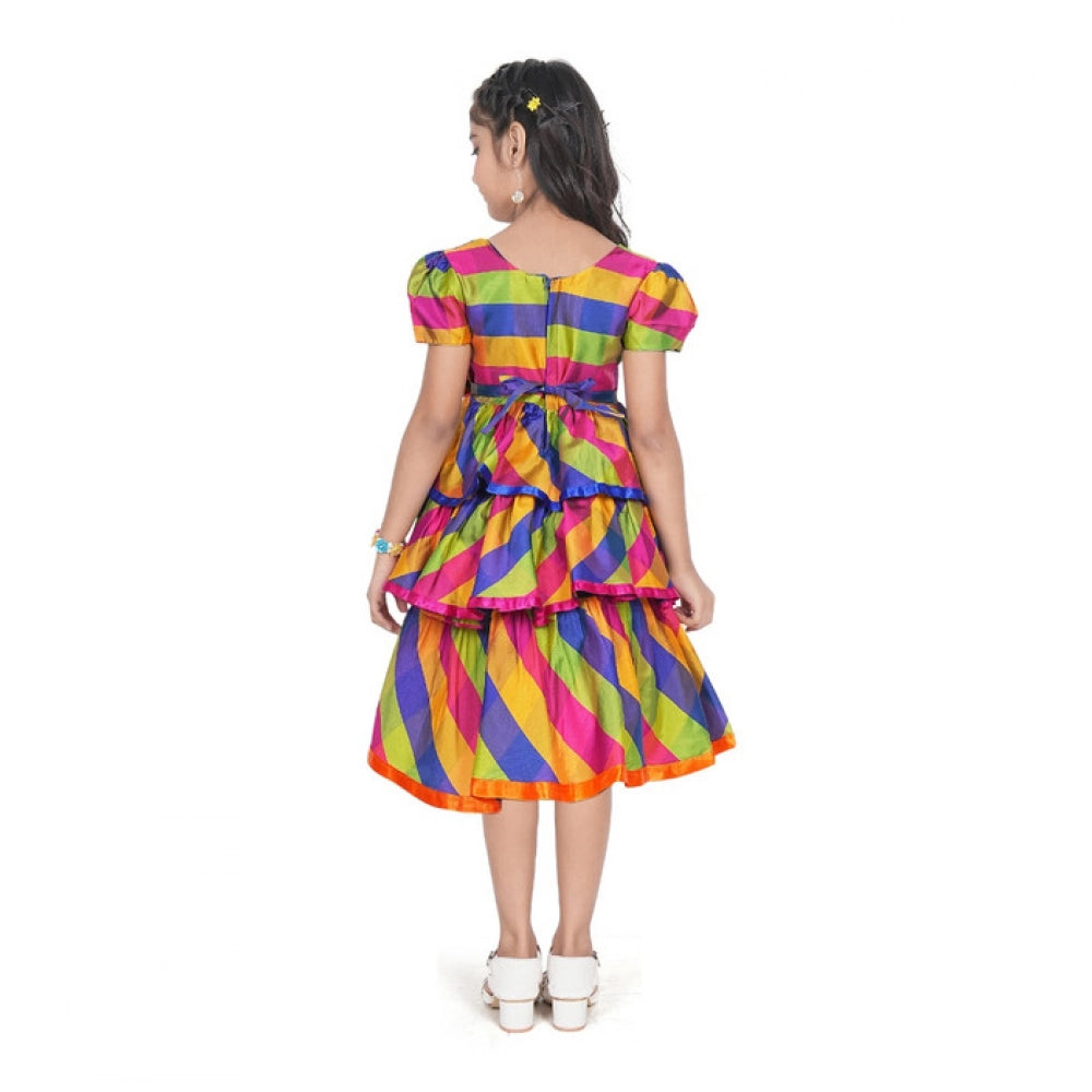 Unique Girl's Taffeta Silk Striped Short Sleeve V Neck Dress