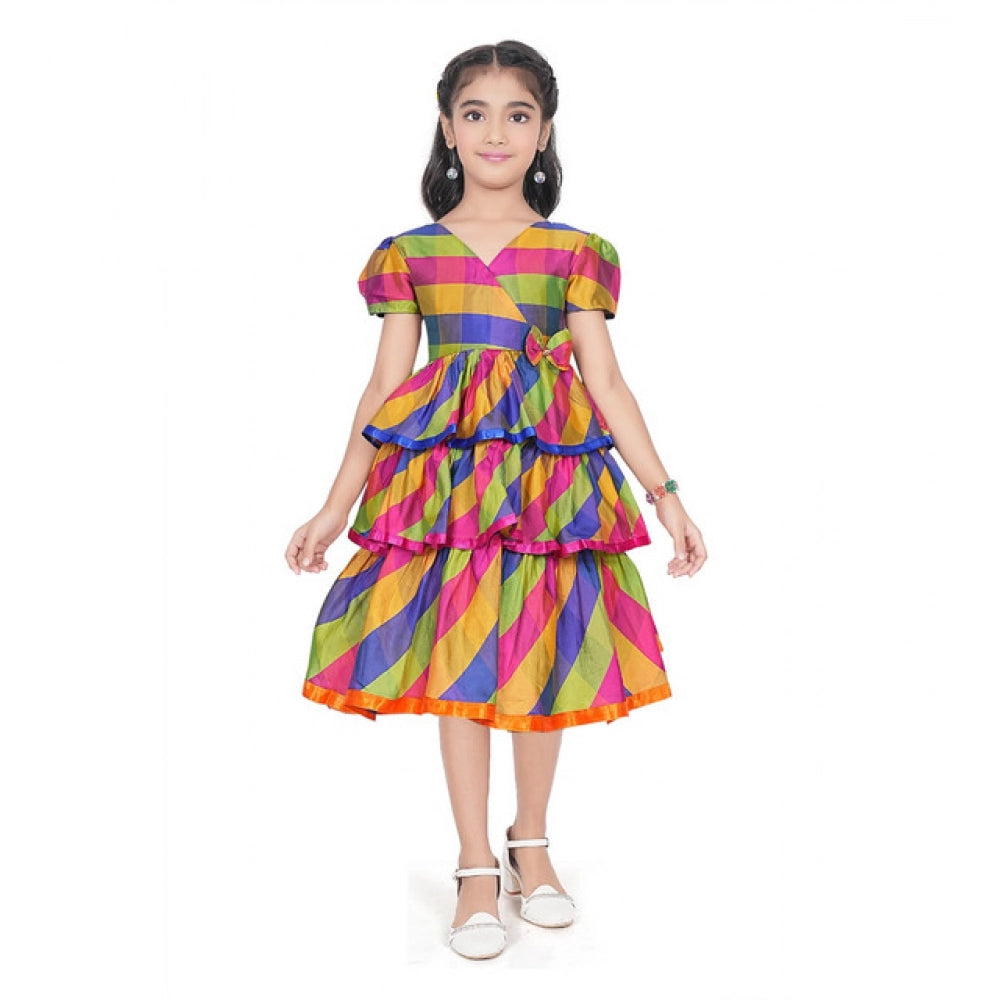 Unique Girl's Taffeta Silk Striped Short Sleeve V Neck Dress
