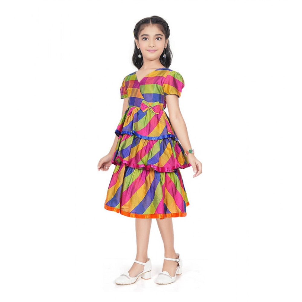 Unique Girl's Taffeta Silk Striped Short Sleeve V Neck Dress