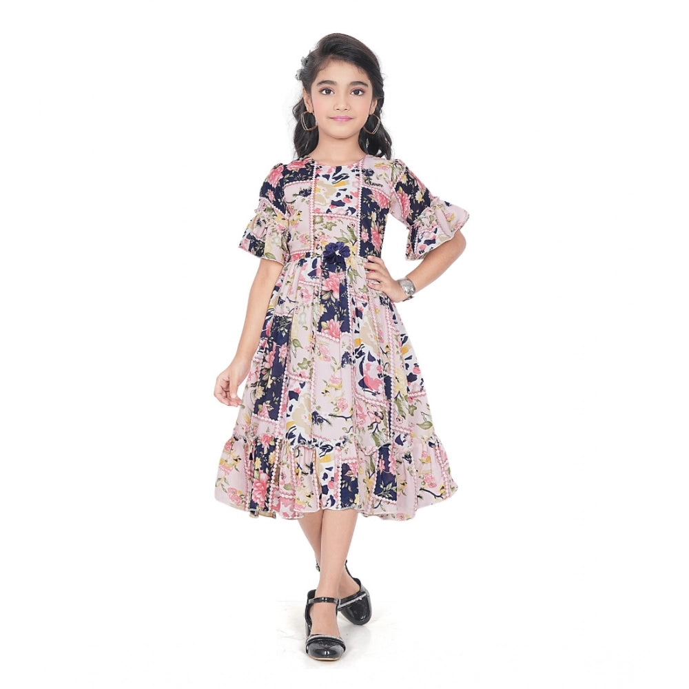 Unique Girl's Shiffon Printed Half Sleeve Round Neck Dress
