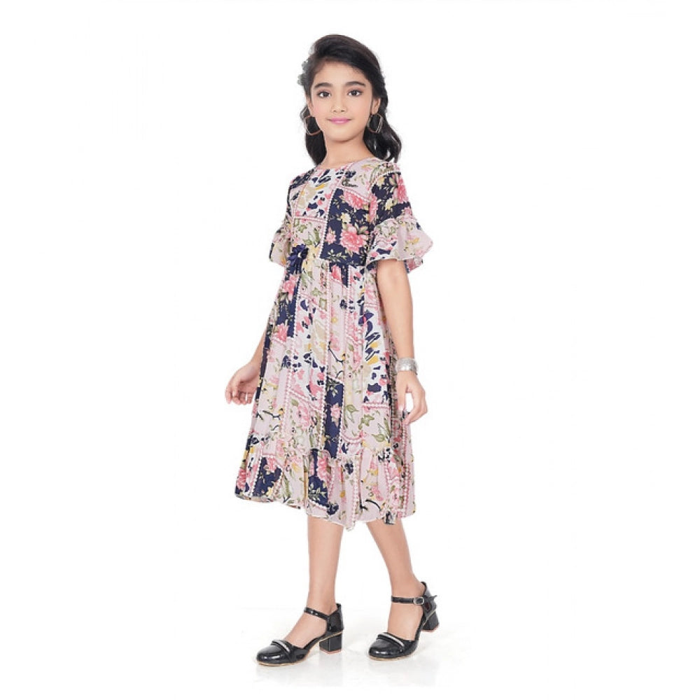 Unique Girl's Shiffon Printed Half Sleeve Round Neck Dress