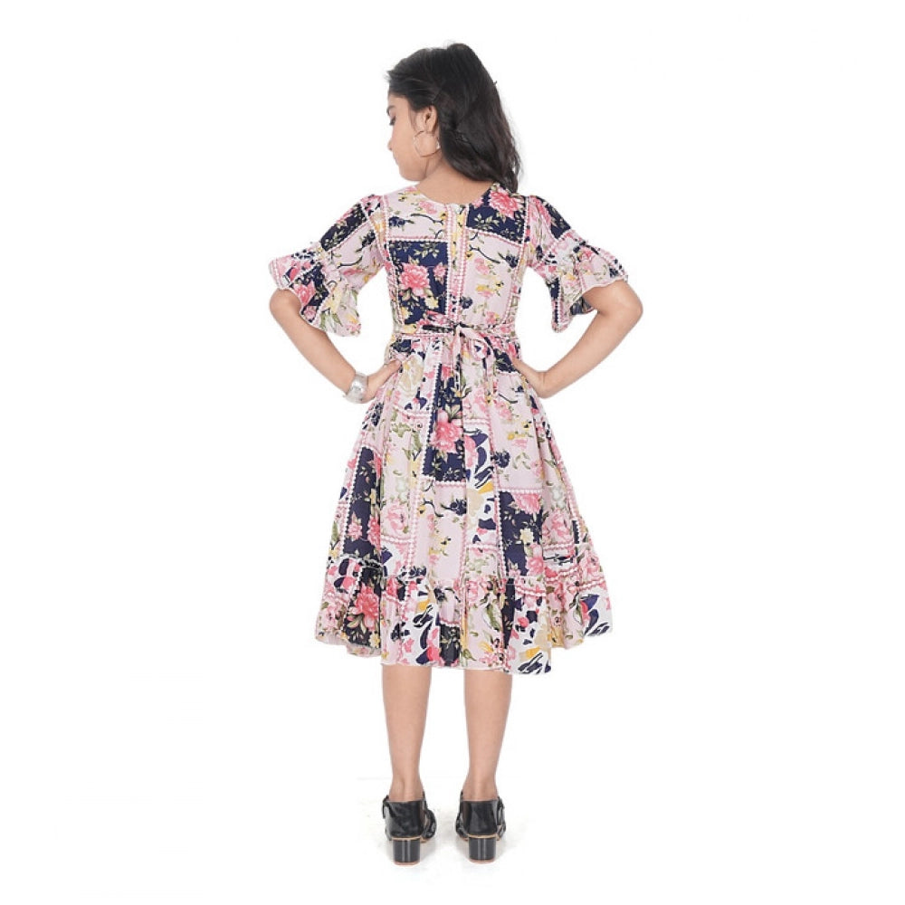 Unique Girl's Shiffon Printed Half Sleeve Round Neck Dress