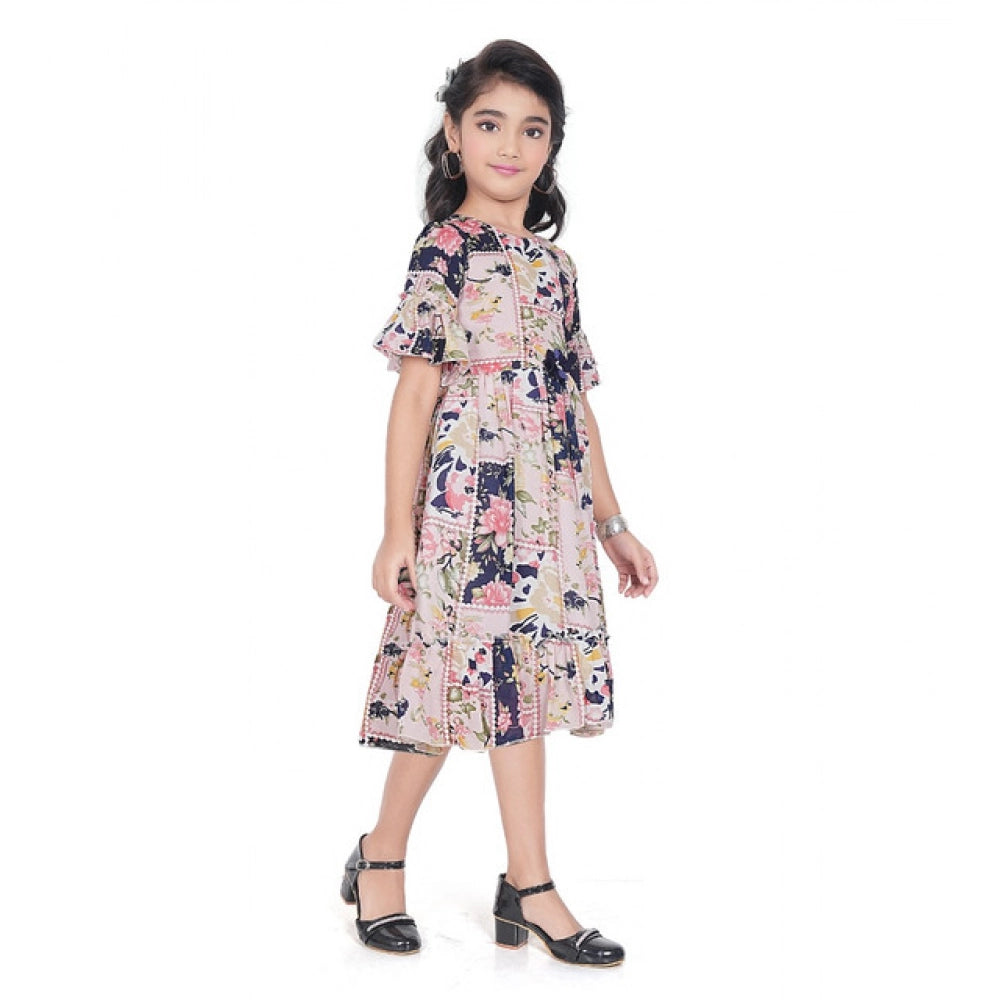 Unique Girl's Shiffon Printed Half Sleeve Round Neck Dress