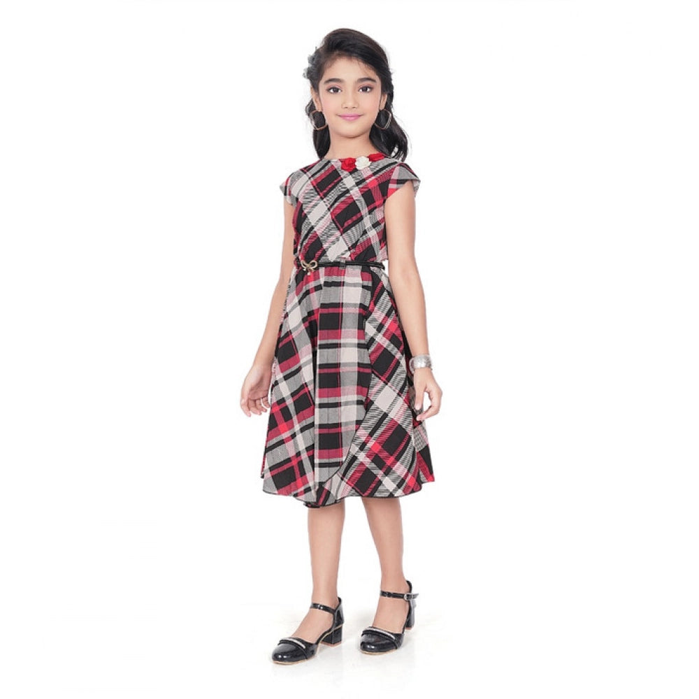 Classic Girl's Lycra Checks Striped Short Sleeve Round Neck Dress