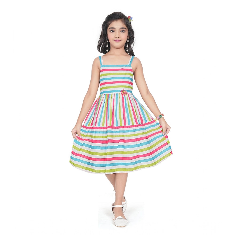 Unique Girl's Cotton Striped Sleeve Less Squre Neck Dress