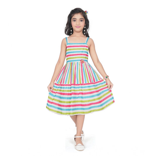 Unique Girl's Cotton Striped Sleeve Less Squre Neck Dress