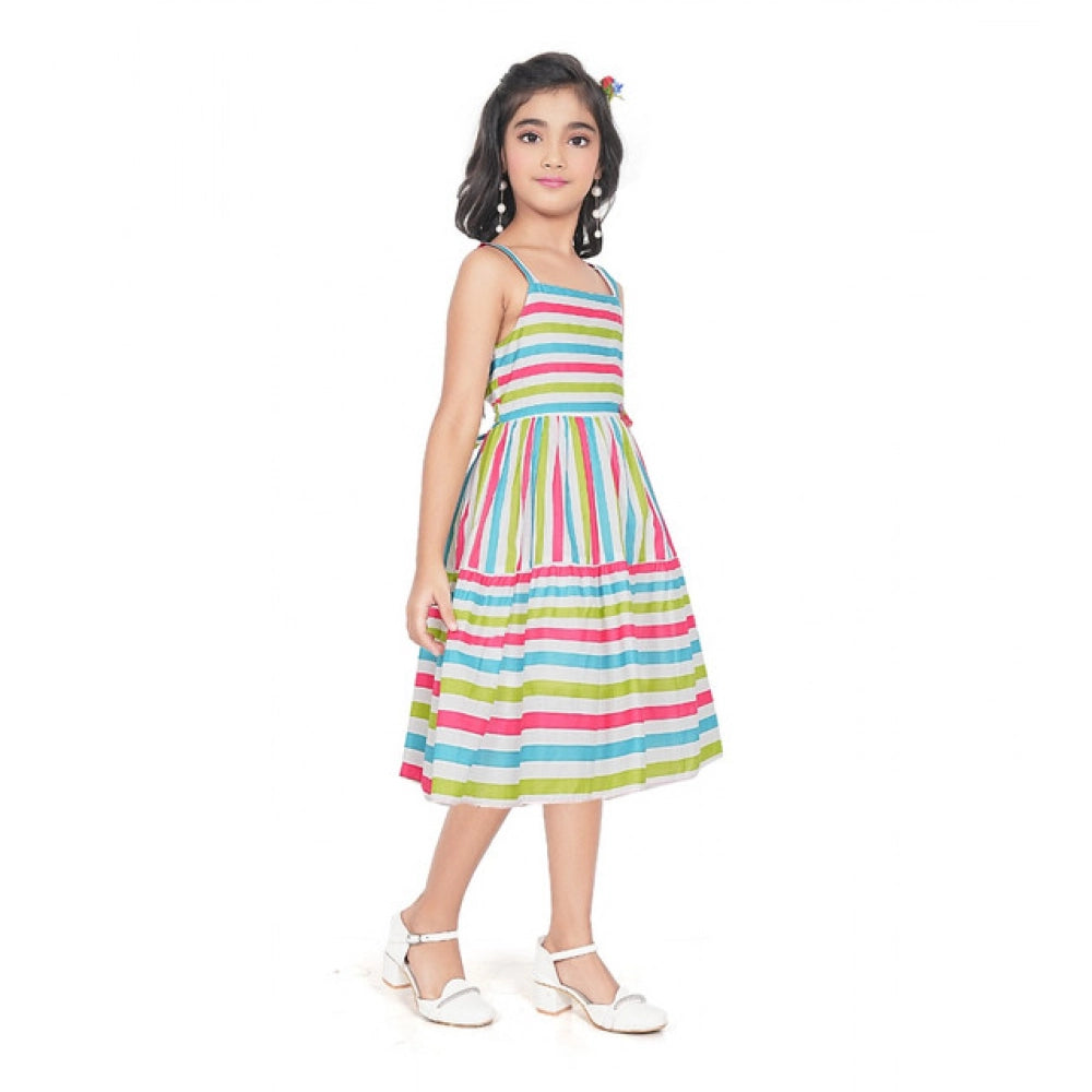 Unique Girl's Cotton Striped Sleeve Less Squre Neck Dress