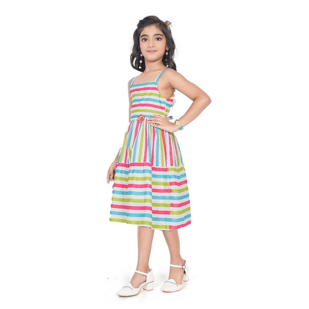 Unique Girl's Cotton Striped Sleeve Less Squre Neck Dress