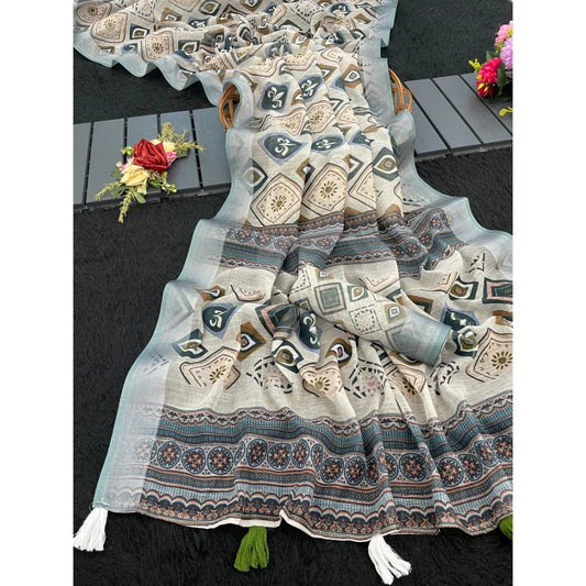 Traditional Women's Linen Cotton Printed Saree With Blouse Piece