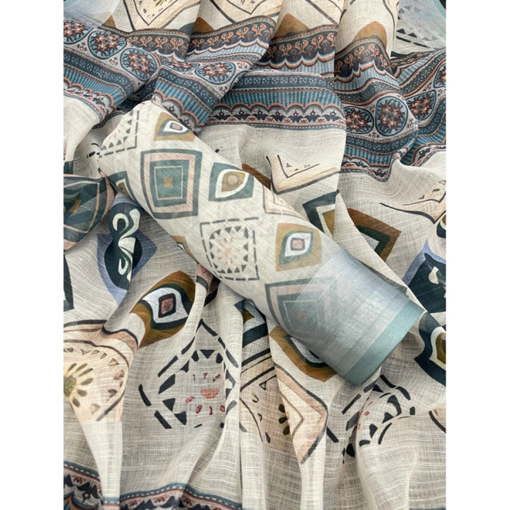 Traditional Women's Linen Cotton Printed Saree With Blouse Piece