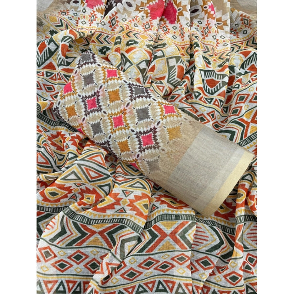 Traditional Women's Linen Cotton Printed Saree With Blouse Piece