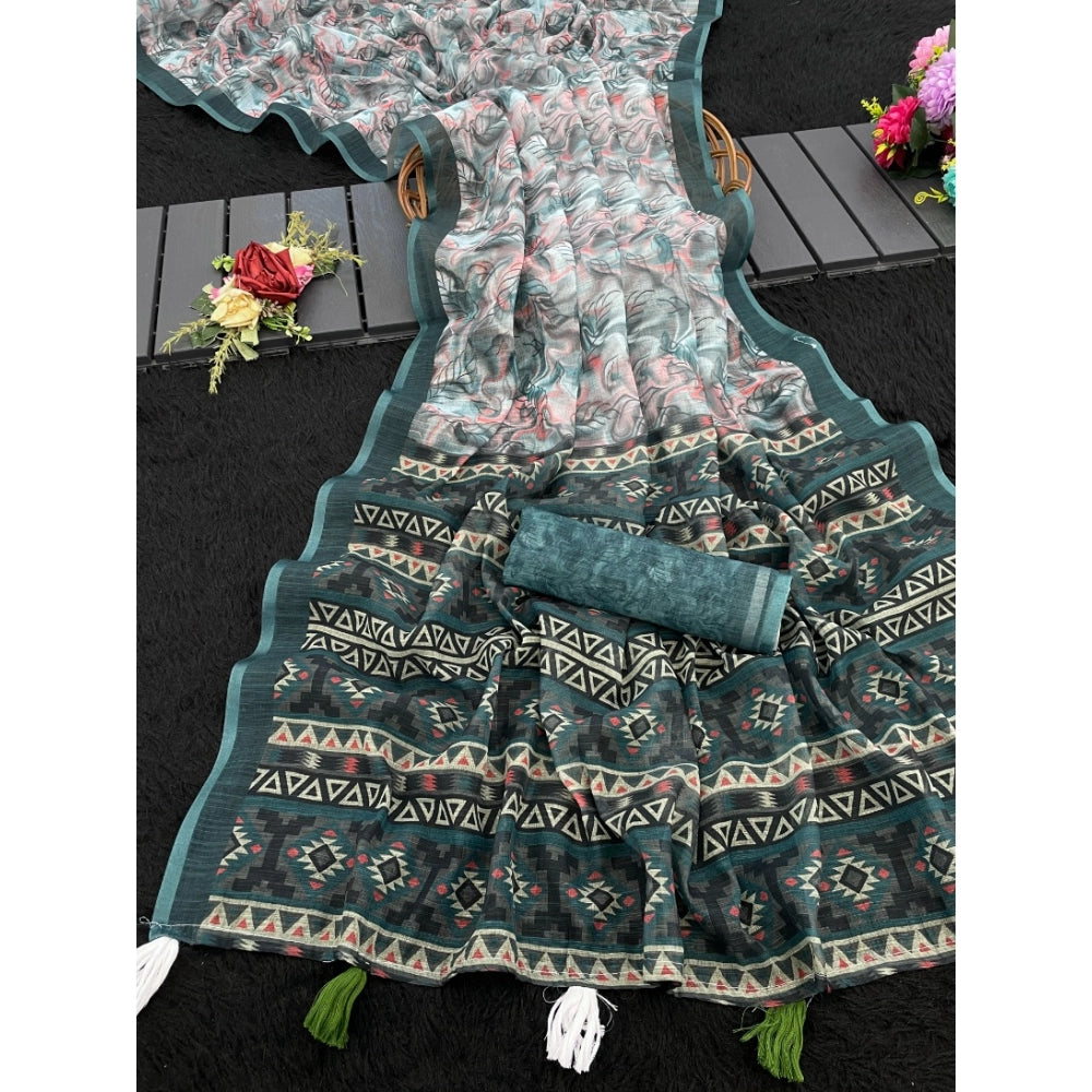 Traditional Women's Linen Cotton Printed Saree With Blouse Piece
