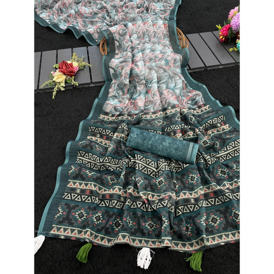 Traditional Women's Linen Cotton Printed Saree With Blouse Piece
