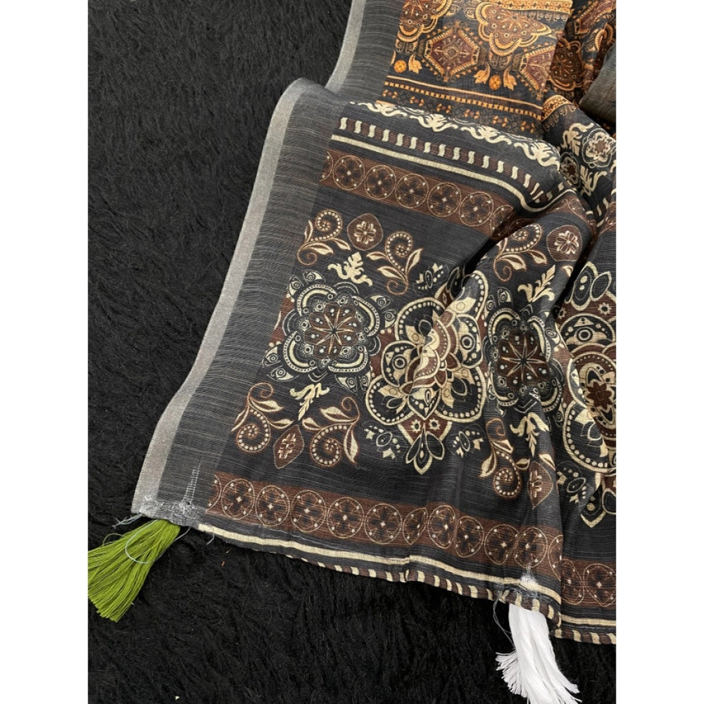 Traditional Women's Linen Cotton Printed Saree With Blouse Piece