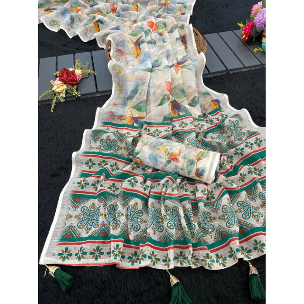Traditional Women's Linen Cotton Printed Saree With Blouse Piece