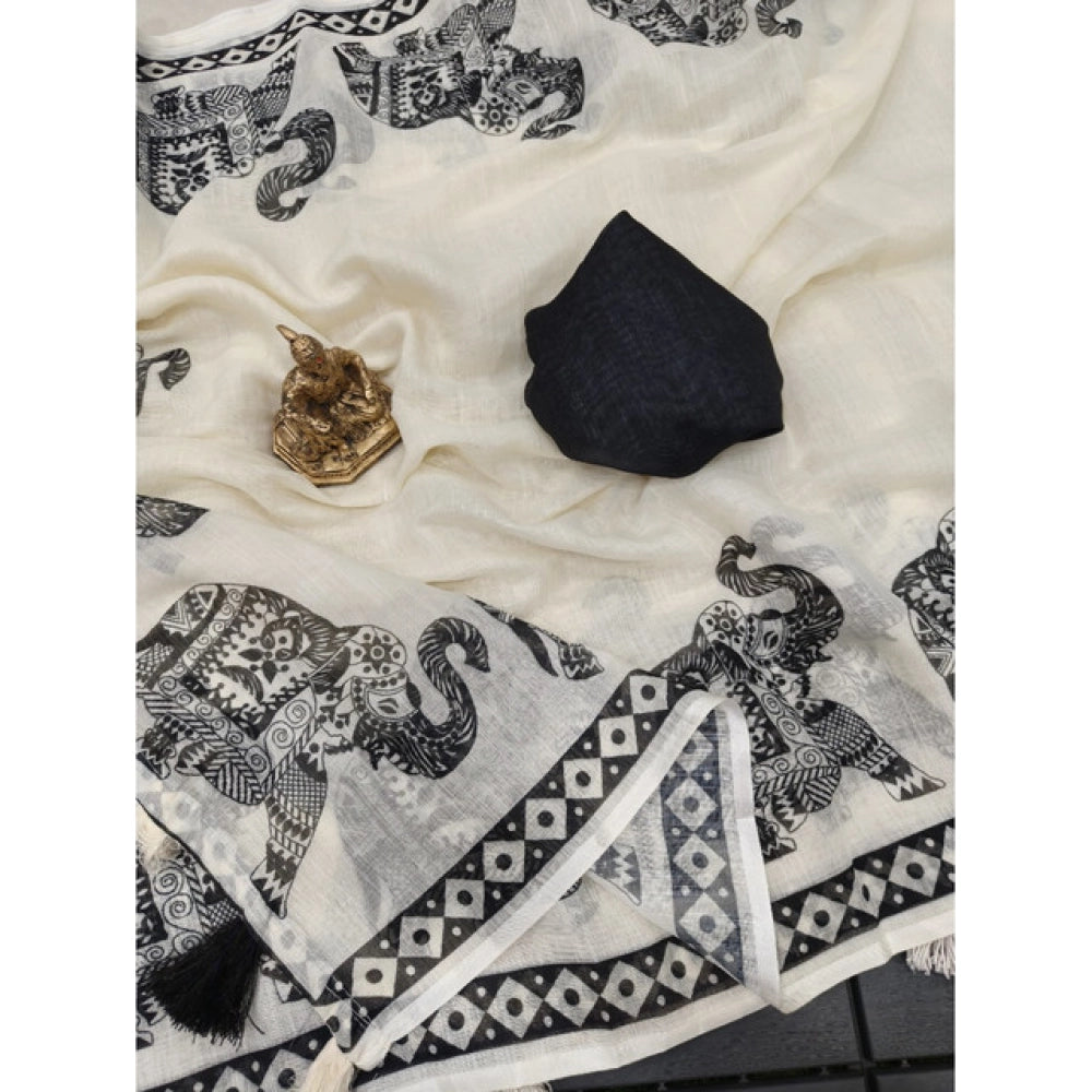 Traditional Women's Linen Cotton Printed Saree With Blouse Piece