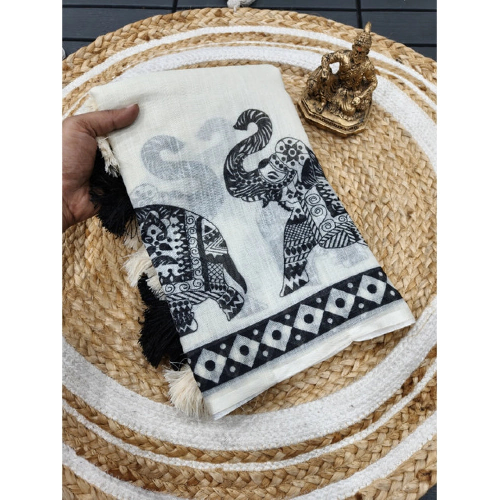 Traditional Women's Linen Cotton Printed Saree With Blouse Piece