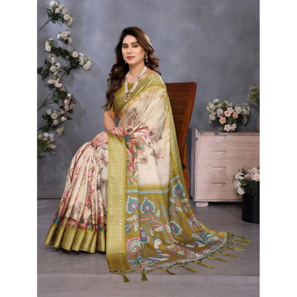 Delicate Women's Cotton Silk Printed Saree With Blouse Piece