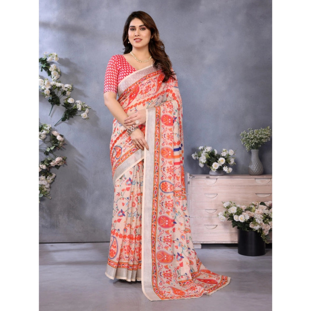 Traditional Women's Linen Cotton Printed Saree With Blouse Piece